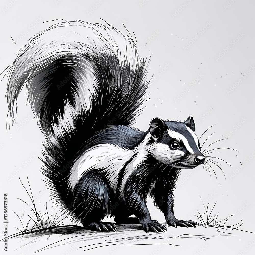 Skunk art black and white flat design simple line hand drawing on plain white background Skunk art black and white flat design simple line hand drawing on plain white background