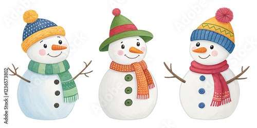 A Fun Collection of Snowmen with Different Hats and Accessories Isolated on a White Background