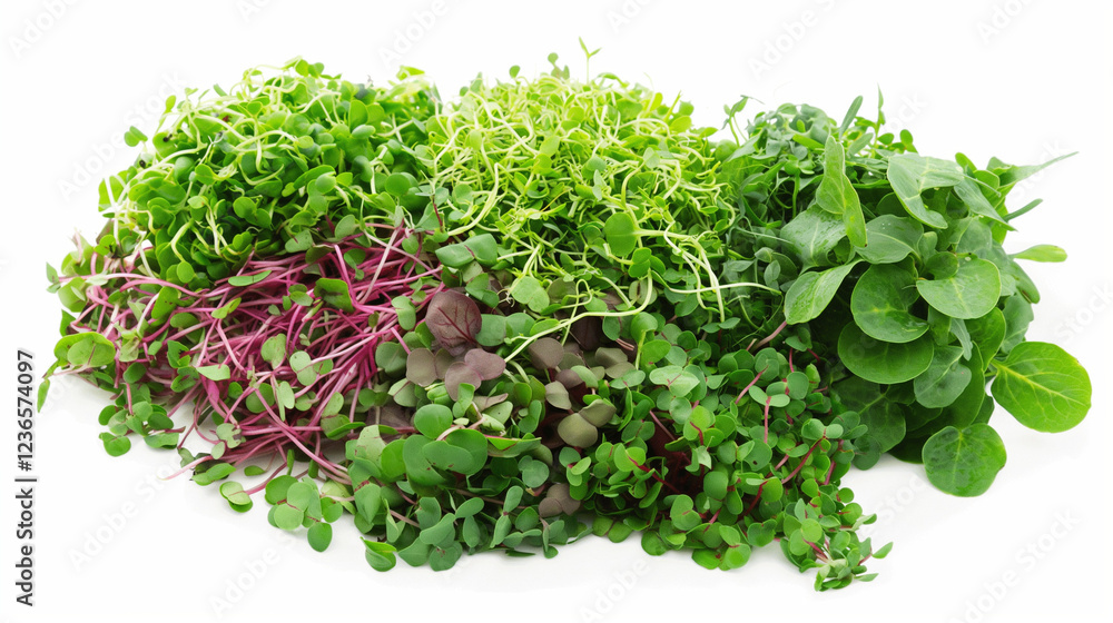 Obraz premium Mixed selection of vibrant microgreens with lush green and deep red hues. Ideal for organic cooking, nutritious vegan meals, and clean plant-based eating.