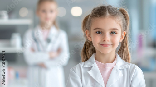 Young girls dressed as scientists in laboratory setting, smiling confidently Free Download Young girls dressed as scientists in laboratory setting, smiling confidently - GFXLoad