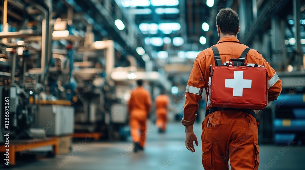 Industrial Emergency Responder in Safety Uniform Walking Through Factory Aisle with First Aid Kit on Shoulder Industrial Emergency Responder in Safety Uniform Walking Through Factory Aisle with First Aid Kit on Shoulder
