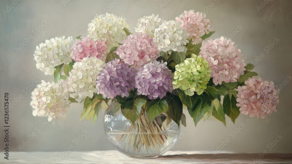 Beautiful bouquet of hydrangeas in various colors arranged in a glass vase on a soft background Beautiful bouquet of hydrangeas in various colors arranged in a glass vase on a soft background