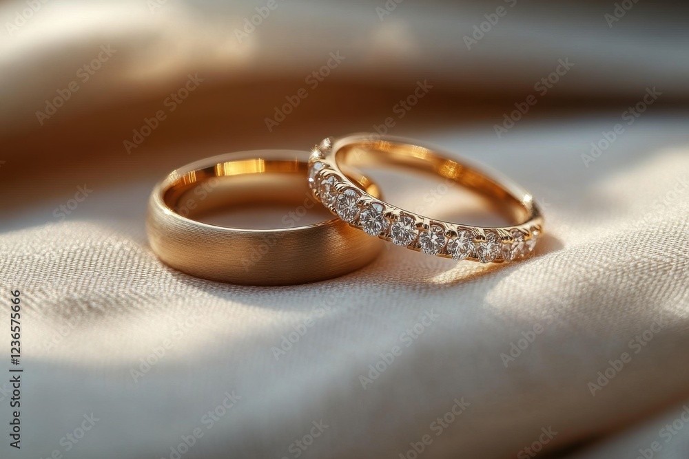 Elegant wedding rings displayed on soft fabric in warm light emphasizing the intricate design and sparkle of the diamonds, capturing a moment of love and commitment Elegant wedding rings displayed on soft fabric in warm light emphasizing the intricate design and sparkle of the diamonds, capturing a moment of love and commitment