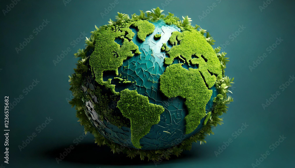 Green Earth 3D Render of Leafy Globe with World Map Green Earth 3D Render of Leafy Globe with World Map