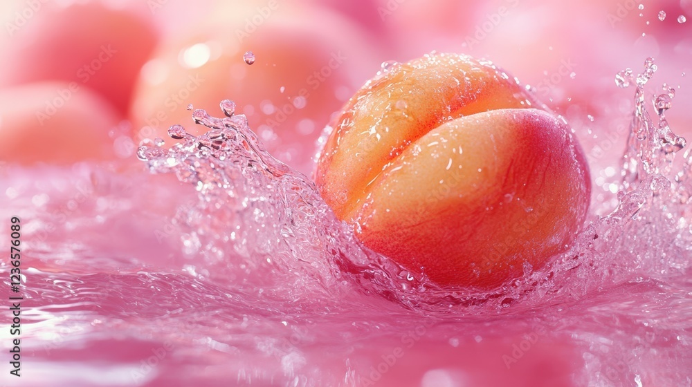 Fototapeta premium Vibrant Macro Shot of Ripe Peach Splashing into Water with Orange and Pink Tones Refreshing Summer Concept