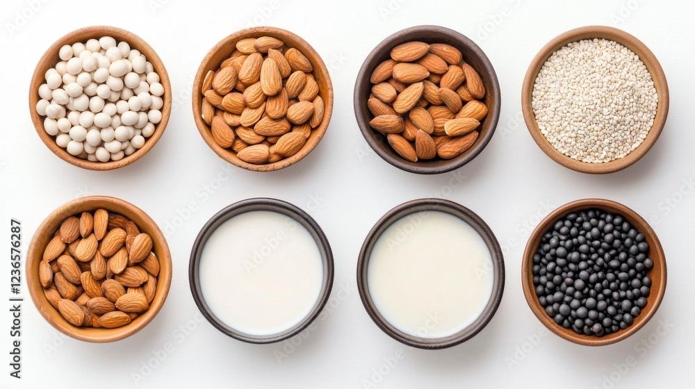 Various Ingredients for Plant-Based Milk Alternatives in Bowls Various Ingredients for Plant-Based Milk Alternatives in Bowls