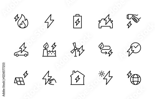 Energy related vector linear icons set. Contains such icons as fire, lightning, battery, electric car and more.