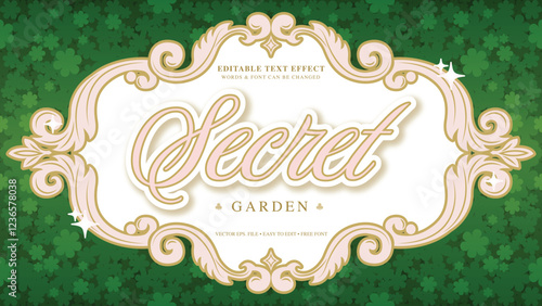 Secret garden editable text effect lettering typography in vintage theme with leaves frame