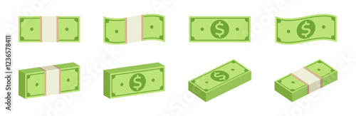 Stacks and Bundles of Dollar Bills Vector Flat Set