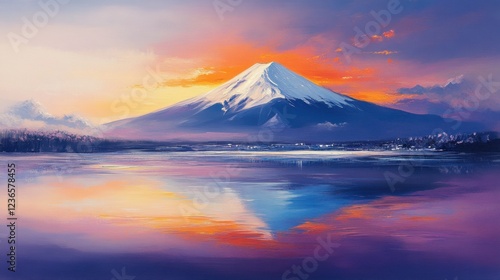 A breathtaking view of a mountain and lake during sunset, the calm waters mirroring the colorful sky, evoking deep peace and serenity