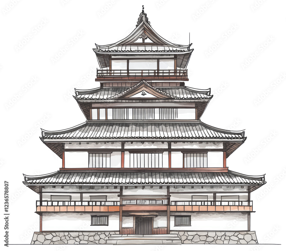 Illustrated Japanese Castle Multistoried Structure Illustrated Japanese Castle Multistoried Structure