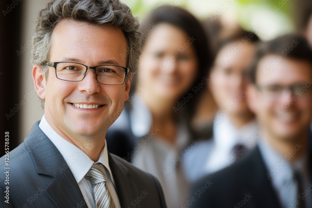 A group of business people smiling and looking at the camera, with one man in front wearing glasses, suit jacket, shirt and tie. The background is blurred to emphasize them A group of business people smiling and looking at the camera, with one man in front wearing glasses, suit jacket, shirt and tie. The background is blurred to emphasize them