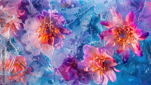 Abstract colorful art background with summer flowers frozen in ice
