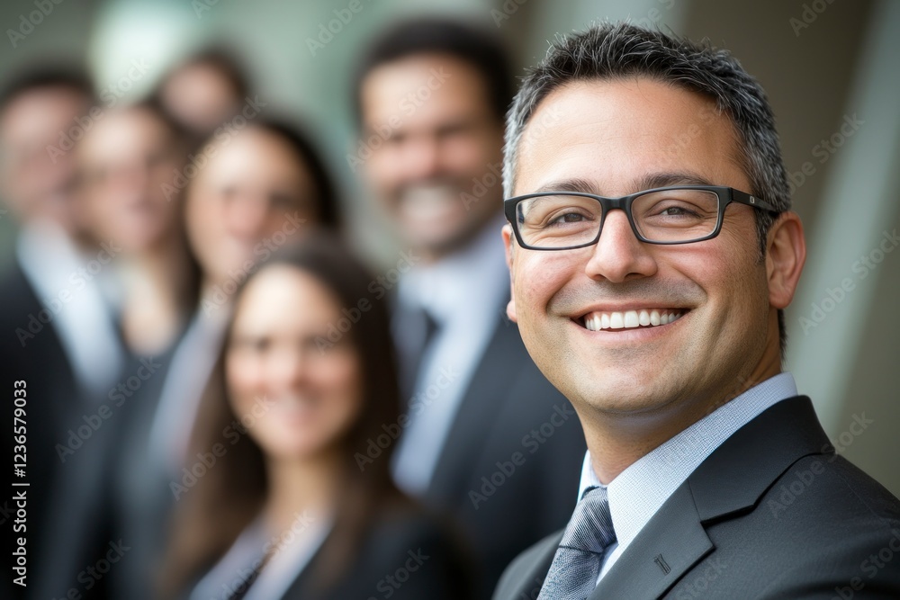 A group of business people smiling and looking at the camera, with one man in front wearing glasses, suit jacket, shirt and tie. The background is blurred to emphasize them A group of business people smiling and looking at the camera, with one man in front wearing glasses, suit jacket, shirt and tie. The background is blurred to emphasize them