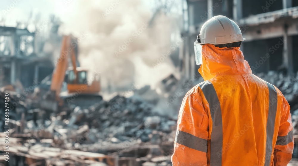 An intense portrait of a demolition expert in protective gear overseeing controlled demolition, Demolition site scene, Strategic and controlled style An intense portrait of a demolition expert in protective gear overseeing controlled demolition, Demolition site scene, Strategic and controlled style