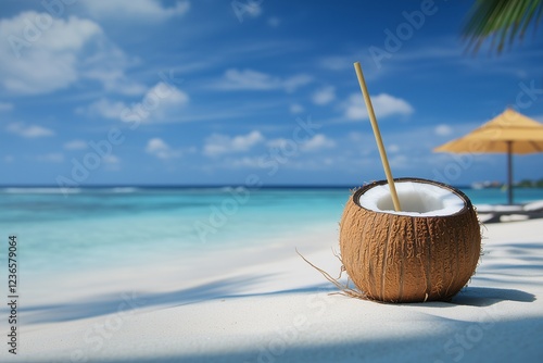 A fresh coconut with a straw against the backdrop of a turquoise ocean and clear blue sky. This tropical beach scene, feelings of relaxation, vacation, paradise, perfect for travel, summer, and exotic photo