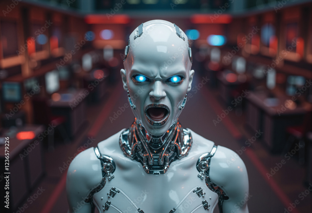 Very Angry Futuristic Robot with Blue Eyes in Darkened Room Very Angry Futuristic Robot with Blue Eyes in Darkened Room