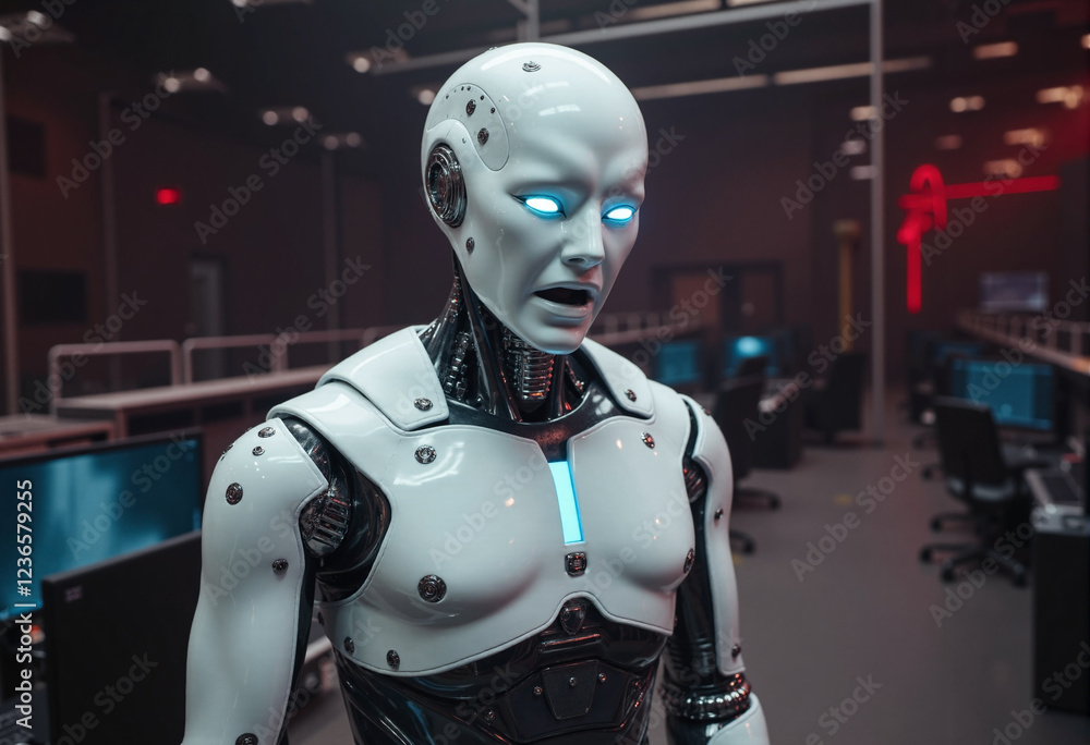Futuristic Robot in Control Center Futuristic Robot in Control Center