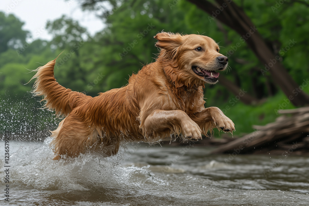 A golden retriever jumping in a lake, water splashing everywhere, surrounded by green forest scenery, high speed photography, vibrant and detailed. A golden retriever jumping in a lake, water splashing everywhere, surrounded by green forest scenery, high speed photography, vibrant and detailed.
