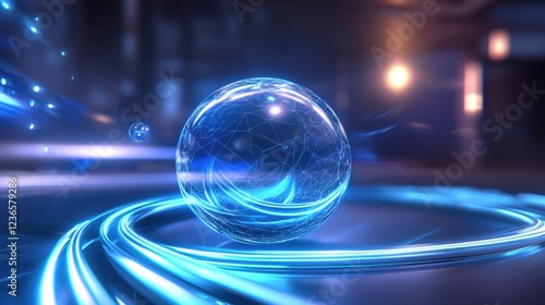 A 3D wireframe sphere glowing in shades of blue, surrounded by light trails and tech elements.