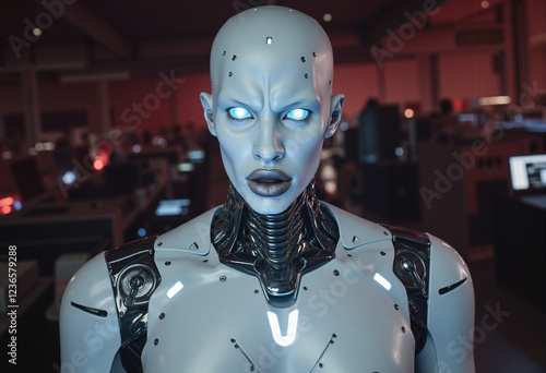 Futuristic Robot Head Close-up. Eyes piercing, mouth open as if about to speak. Metallic silver, bald head with holes. Dimly lit room behind robot. photo