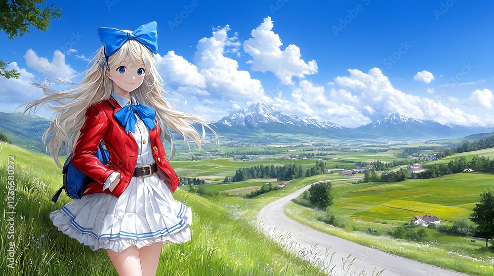 Fototapeta premium Anime Girl in Red Jacket Walking Countryside Scenic Mountain View
