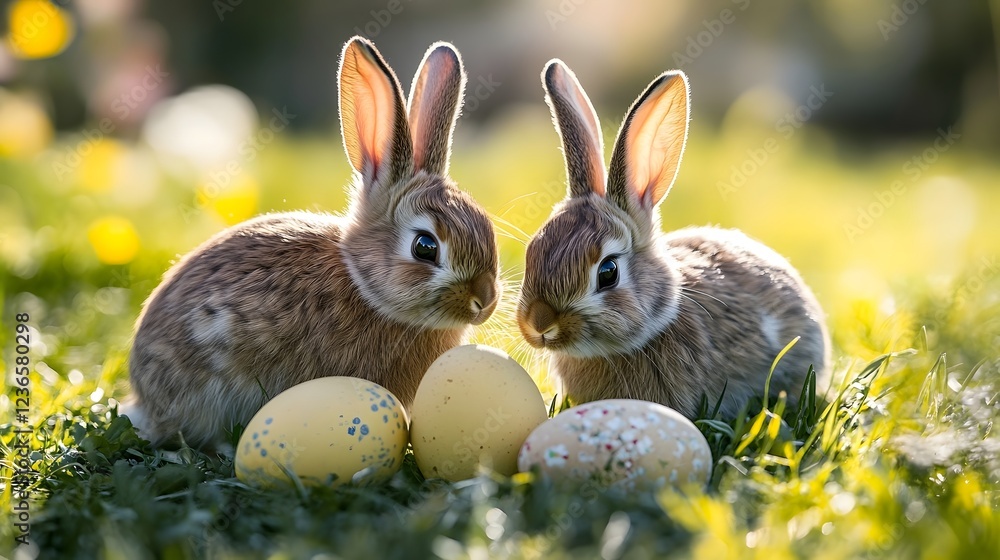 Adorable baby rabbits or bunnies sitting on a nest with colorful Easter eggs in a lush green springtime meadow or field The fluffy furry animals are surrounded by tall grass flowers and a peaceful Adorable baby rabbits or bunnies sitting on a nest with colorful Easter eggs in a lush green springtime meadow or field The fluffy furry animals are surrounded by tall grass flowers and a peaceful