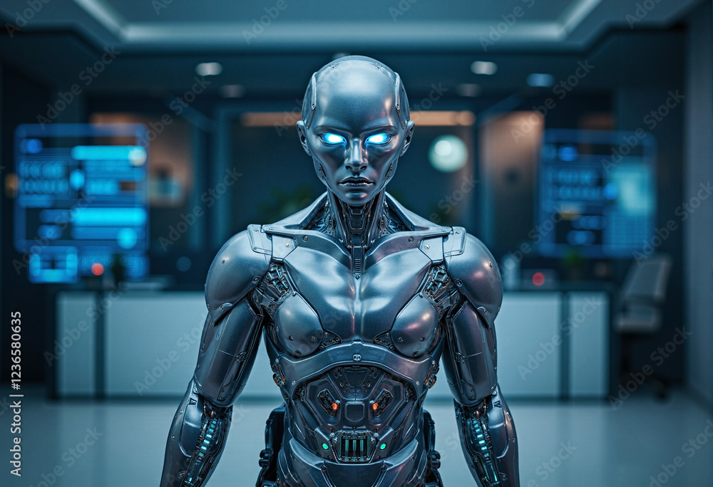 Futuristic Robot in Advanced Technology Room Futuristic Robot in Advanced Technology Room