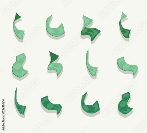 set flying cartoon banknotes, dollar cash money bills, falling and swirling green banknotes of usd currency. Vector money rain shower, business success, lottery and casino on white background