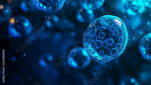 Exploring microscopic structures of glowing blue cells in a laboratory setting under scientific observation