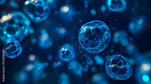 Wallpaper Mural Magnified view of blue spherical cells floating in a dark background representing cellular structure and activity Torontodigital.ca