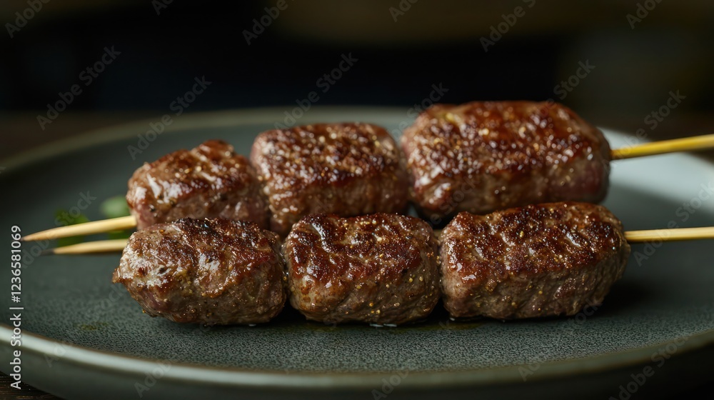 Close-up of cooked beef skewers on a dark gray plate. Close-up of cooked beef skewers on a dark gray plate.