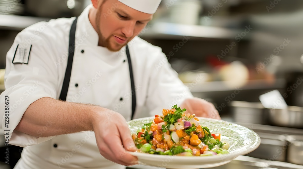 Professional Chef Plating Gourmet Dish in High-End Restaurant Kitchen Professional Chef Plating Gourmet Dish in High-End Restaurant Kitchen