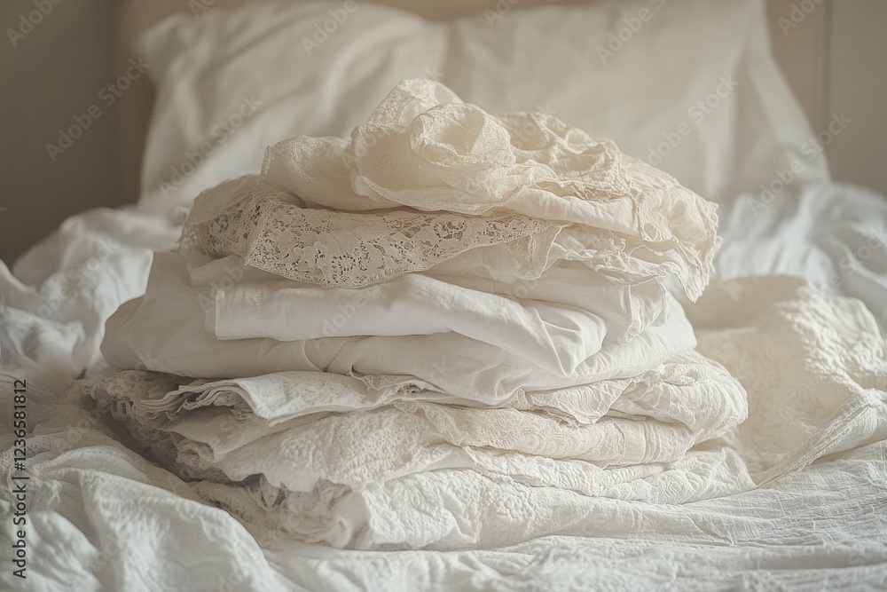 Obraz premium Neatly folded pile of freshly washed white clothes on a cozy bed. Generative AI