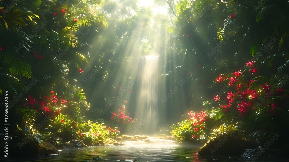 Obraz premium Sunbeams illuminate a hidden waterfall in a lush, vibrant rainforest.
