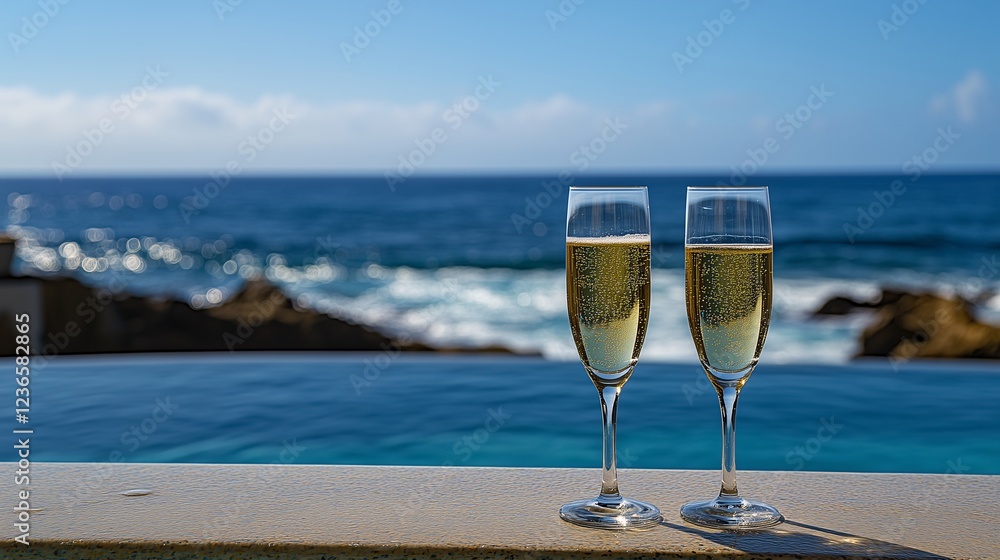 Two glasses of champagne an infinity pool with a stunning ocean view in the background. essence of luxury, romance, and celebration, perfect for travel, honeymoon, and special occasions Two glasses of champagne an infinity pool with a stunning ocean view in the background. essence of luxury, romance, and celebration, perfect for travel, honeymoon, and special occasions