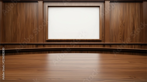 A polished wooden room featuring a blank projection screen, ideal for presentations or discussions in an elegant setting.