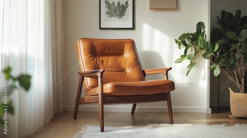 Fototapeta premium Relaxing brown leather armchair mid century modern style