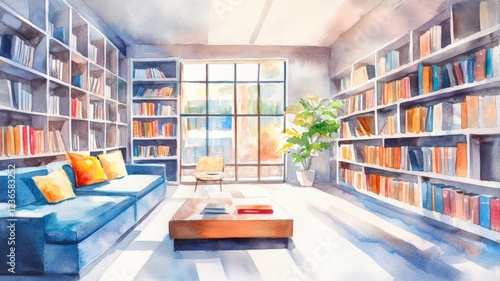 Modern library interior showcasing minimalist design with open spaces in a contemporary watercolor style