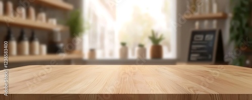 Blurred coffee shop interior with an empty wooden table, perfect for product display