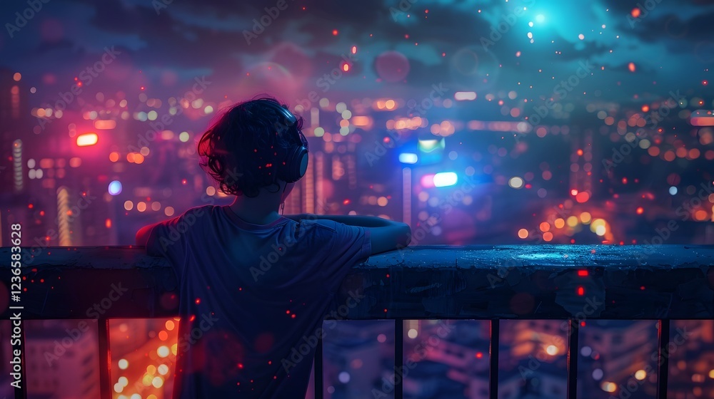 Serene Night Cityscape with a Boy Leaning on a Balcony Railing Listening to Music in a Relaxing Introspective Mood Serene Night Cityscape with a Boy Leaning on a Balcony Railing Listening to Music in a Relaxing Introspective Mood