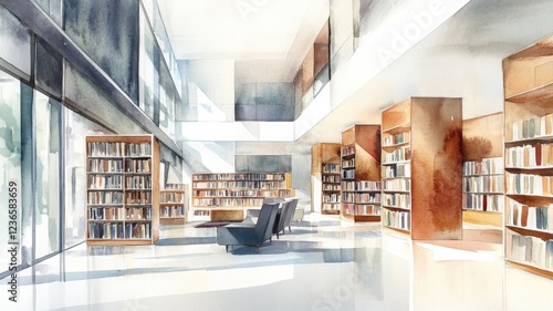 Contemporary watercolor capturing a modern minimalist library with spacious design and transparent elements