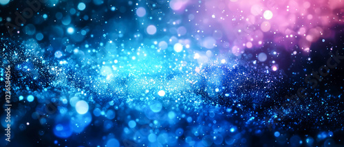 Blue shimmering lights, sparkling, bokeh, glowing on blurred neon background. Abstract sturdust background. Generative ai	 photo