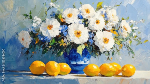 Bright floral arrangement with white flowers and lemons on a blue table