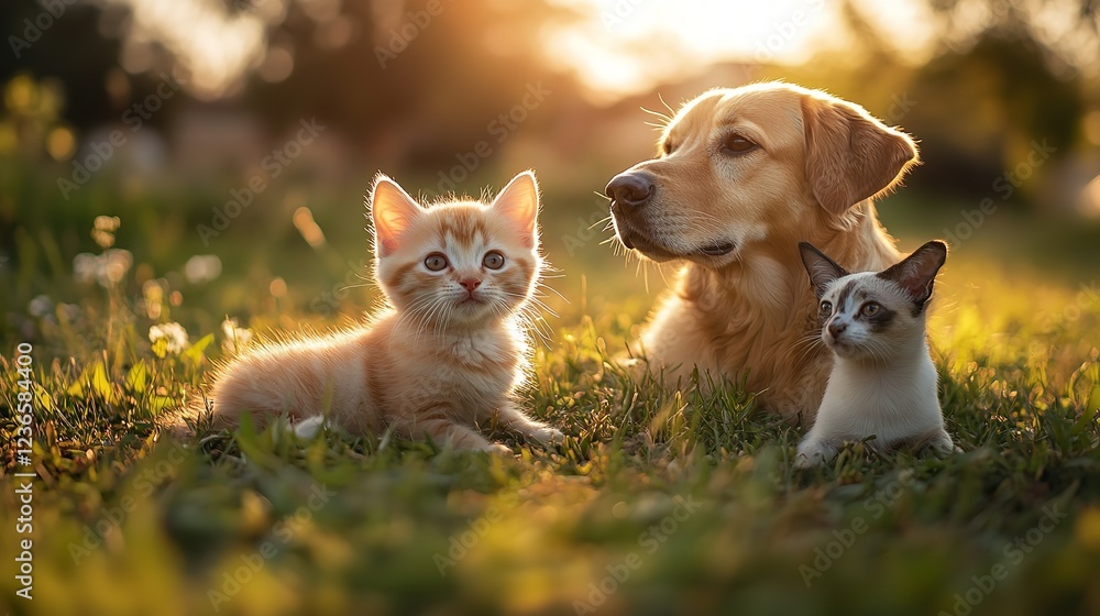 Close-up of a joyful cat kitten and a dog, captured during golden hour on a summer afternoon Close-up of a joyful cat kitten and a dog, captured during golden hour on a summer afternoon