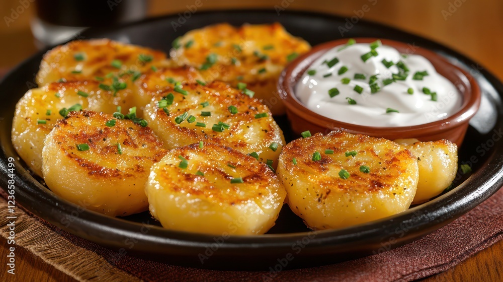 Crispy roasted potato slices served with a creamy sauce. Crispy roasted potato slices served with a creamy sauce.