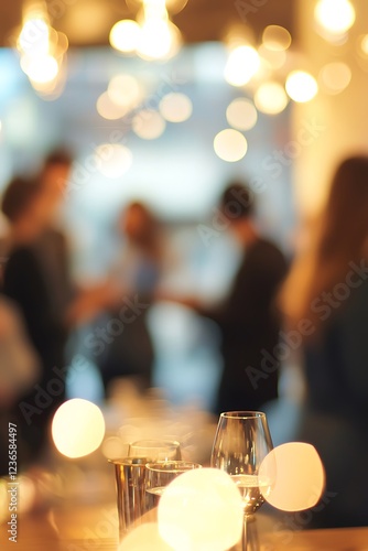 Blurred shot of professionals socializing at an office party, highlighting camaraderie
