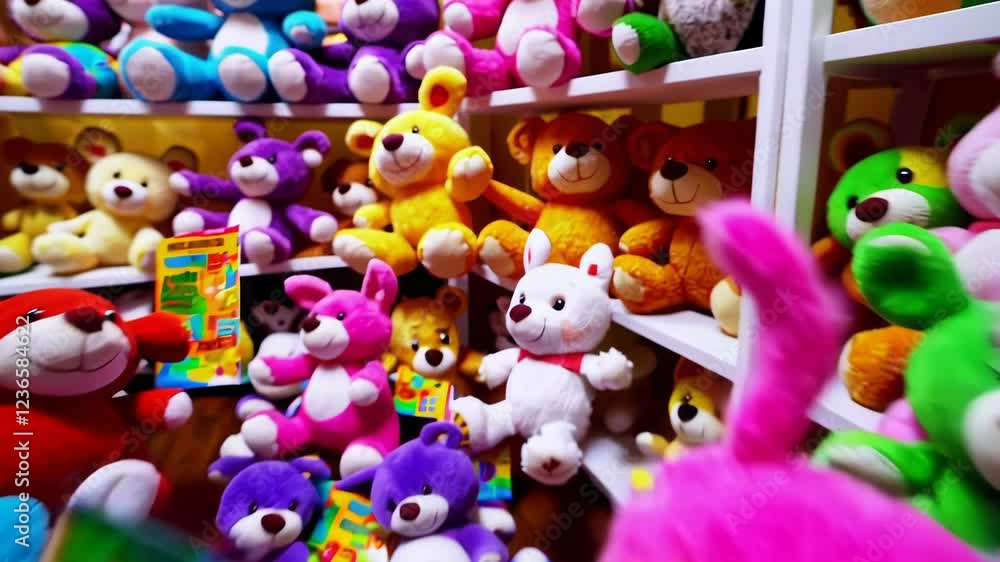 A colorful display of plush toys and lottery tickets A colorful display of plush toys and lottery tickets