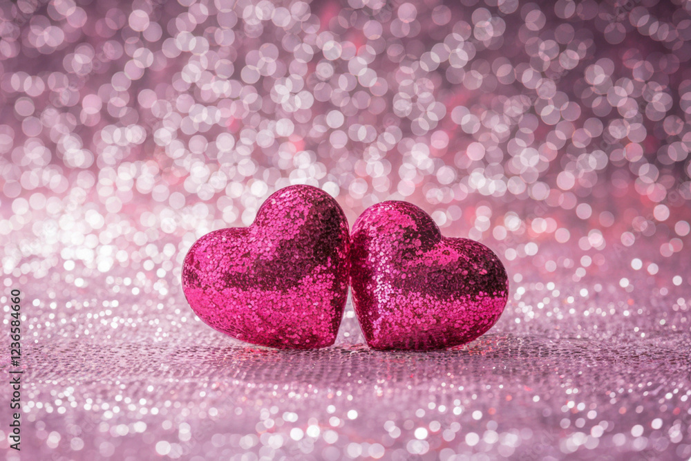 Fototapeta premium Glittering Pink Hearts with Glowing Particles and Bokeh Effect in Romantic Ambiance