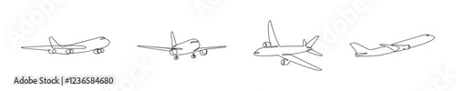 Airplane Line Art in Multiple Perspectives Vector Outline Set